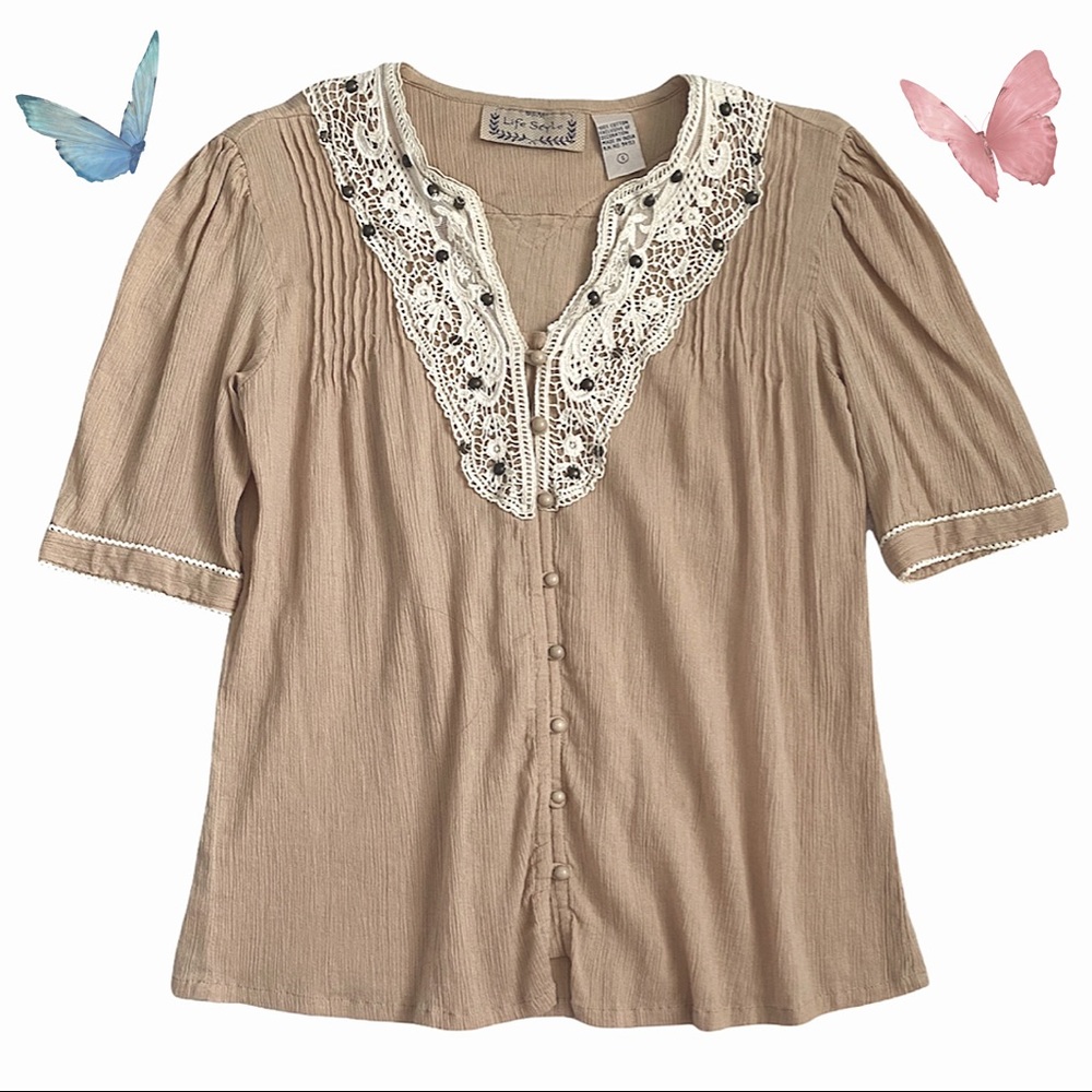 Vintage cottagecore cotton lace accent top, cream beige